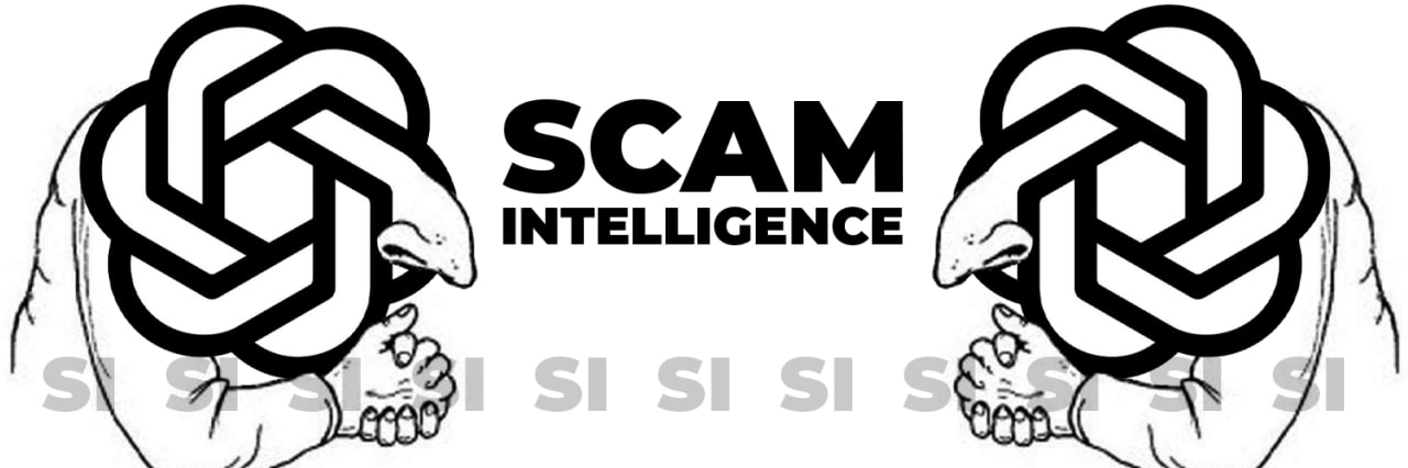 Scam Intelligence banner with mirrored suspicious characters and AI symbols